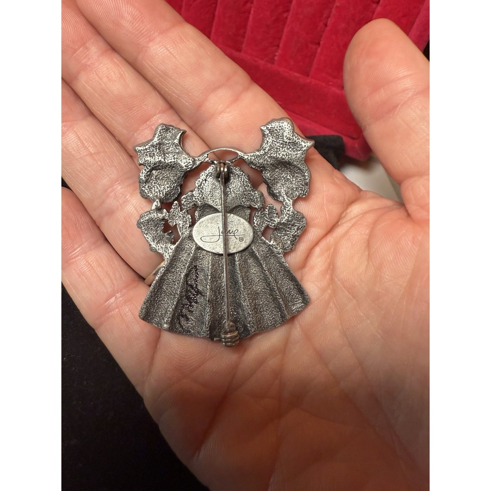 Vintage Signed JANE Angel Brooch Pewter Pearl Rhinestone Dogwood Flower Pin - Picture 5 of 5